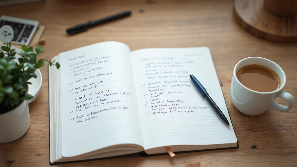 Notizbuch mit Häkchen und Markierungen, Tracking von Gewohnheiten über mehrere Wochen, Stift und Kaffeetasse daneben, motivierende Atmosphäre