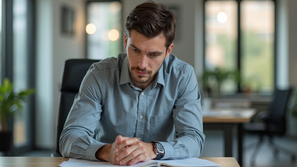 Person sitzt konzentriert am Schreibtisch, arbeitet fokussiert an einer Aufgabe, helles natürliches Licht von rechts, ernsthafte Mimik