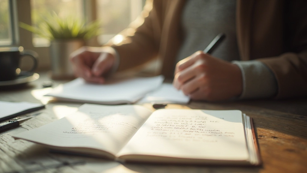 Notizbuch und Stift auf Schreibtisch, Journal offen mit handgeschriebenen Notizen, morgendliches Licht, inspirierender Arbeitsbereich