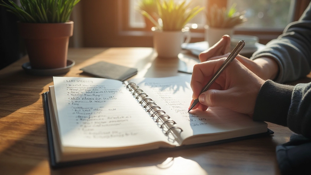 Offenes Notizbuch mit handschriftlichen Einträgen über Trainingsprogramm, reflektiert tägliches Tracking und Fortschrittsmessung, inspirierendes Schreibumfeld