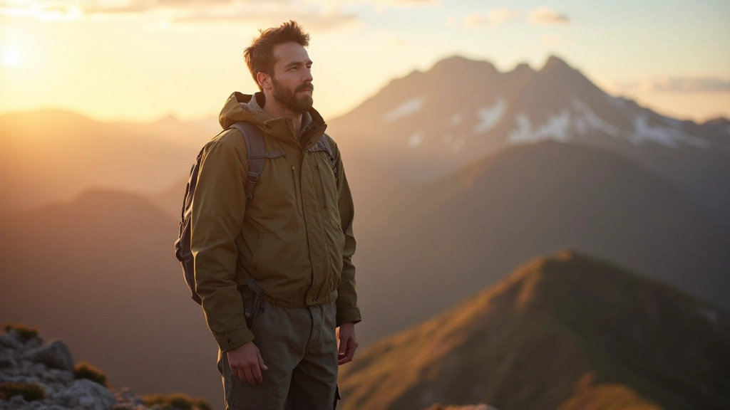 Person steht auf Berggipfel bei Sonnenaufgang, Arme leicht ausgebreitet, triumphierender Moment, bergige Landschaft im Hintergrund