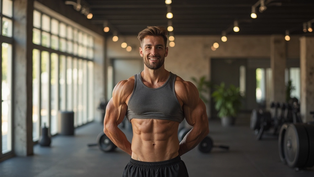 Porträt einer Person mit selbstbewusstem Blick nach dem Training, zeigt innere Stärke und mentale Kraft, sportliche Ausstrahlung, modernes Trainingsumfeld