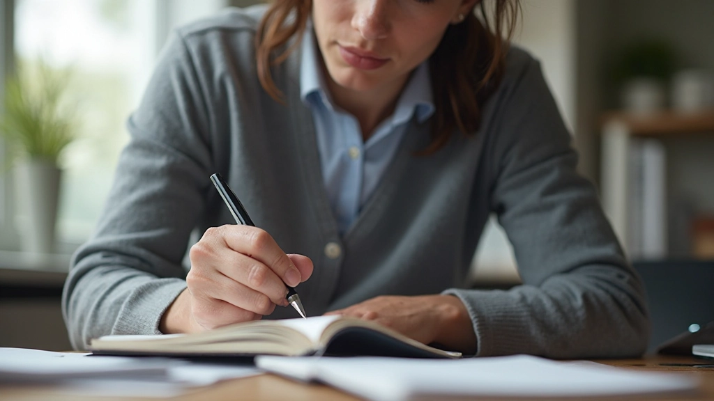 Person schreibt mit Stift Ziele in Notizbuch auf, fokussierter Blick, helle Schreibfläche, produktive Atmosphäre, portrait von oben