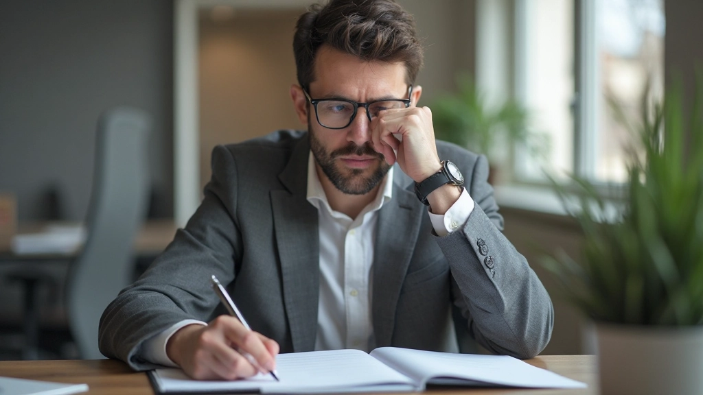 Person sitzt fokussiert am Schreibtisch mit Planungskalender, natürliches Licht, minimalistisches Büro-Setup, konzentrierter Gesichtsausdruck