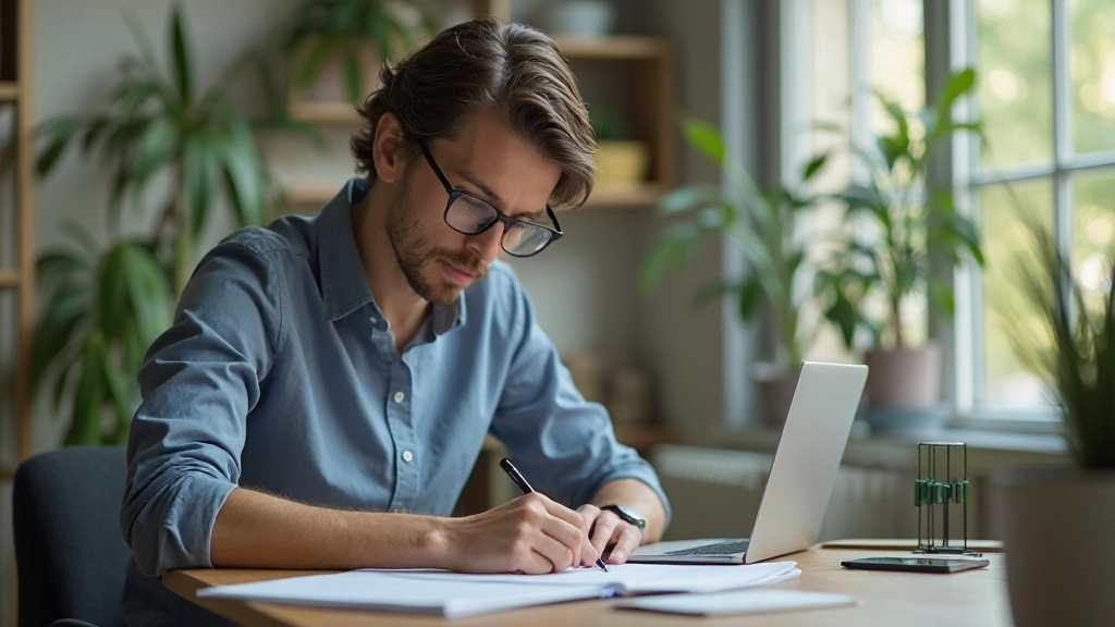 Person sitzt an einem Schreibtisch und arbeitet konzentriert an Aufgaben, natürliches Licht, professionelle Umgebung