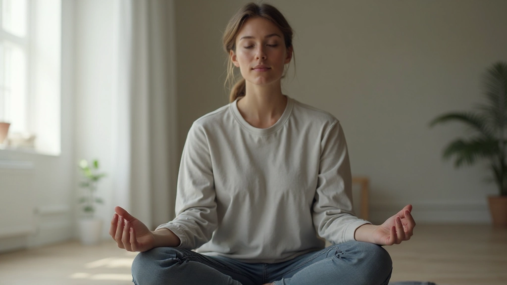 Person meditiert in ruhiger Umgebung, konzentriert, entspannte Körperhaltung, minimalistischer Hintergrund