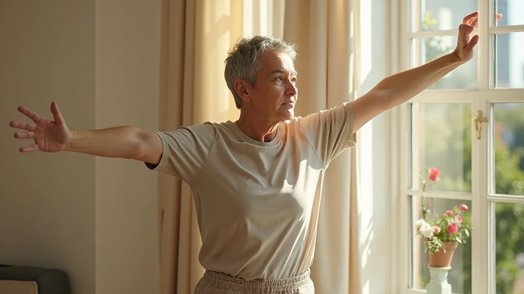 Person führt Morgenroutine durch, dehnt sich neben Fenster mit Sonnenlicht, ruhige Atmosphäre