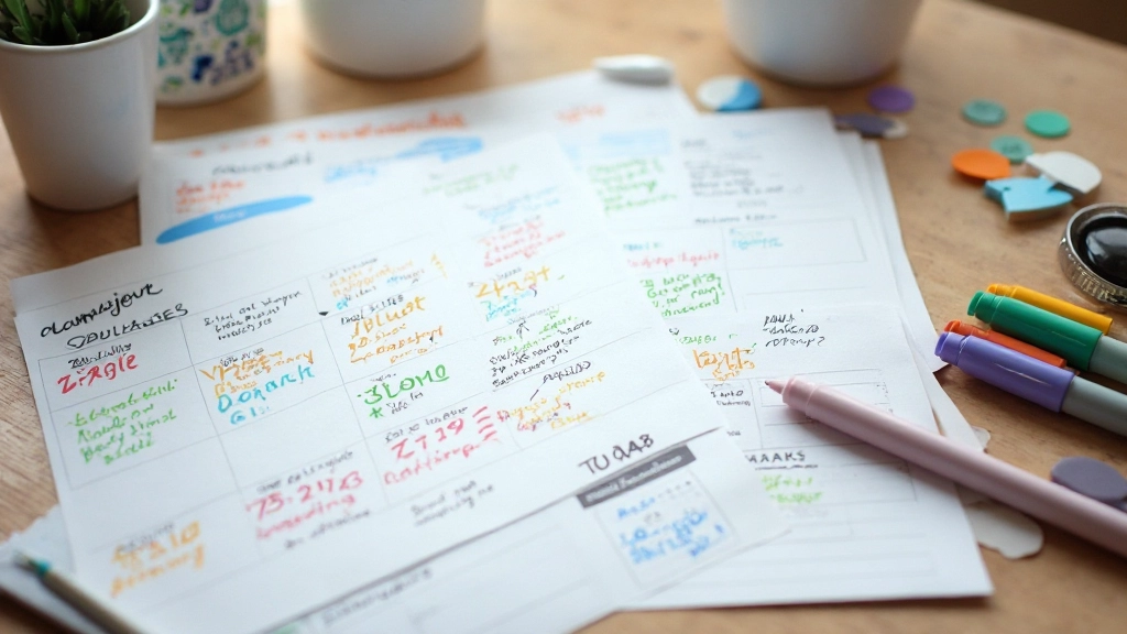 Mehrfarbiger Planungskalender mit Wochen- und Monatsansicht, Notizen und Markierungen, organisiertes Layout, flatlay Fotografie