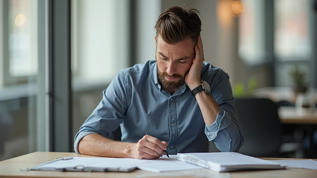 Person arbeitet konzentriert an Schreibtisch mit Notizen und Planungsunterlagen, helles Licht, Fokus sichtbar