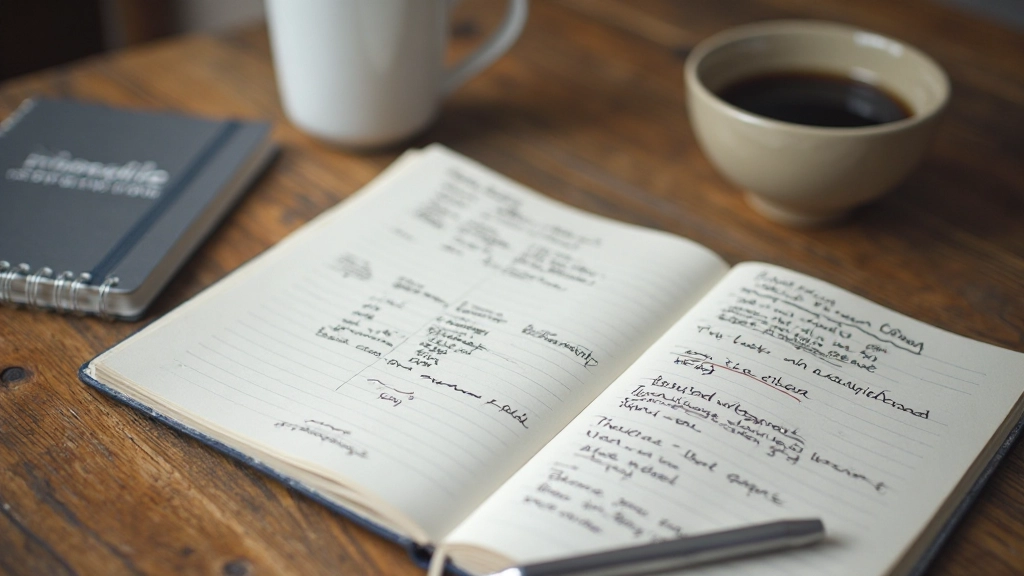 Notizbuch mit handschriftlichen Notizen auf Schreibtisch neben Kaffee und Stift, Morgenlich, von oben