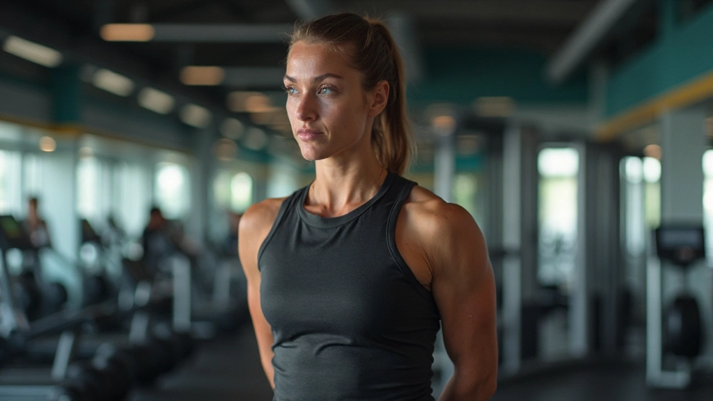 Person trainiert in Fitnessstudio mit konzentriertem Blick, Sportkleidung, helles Licht, Motivation sichtbar