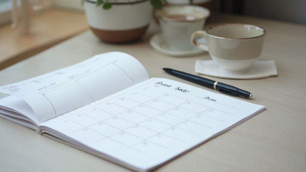 Kalender und Planungsseite mit markierten Tagen, Stift daneben, Schreibtisch Szenerie, Organisationskonzept